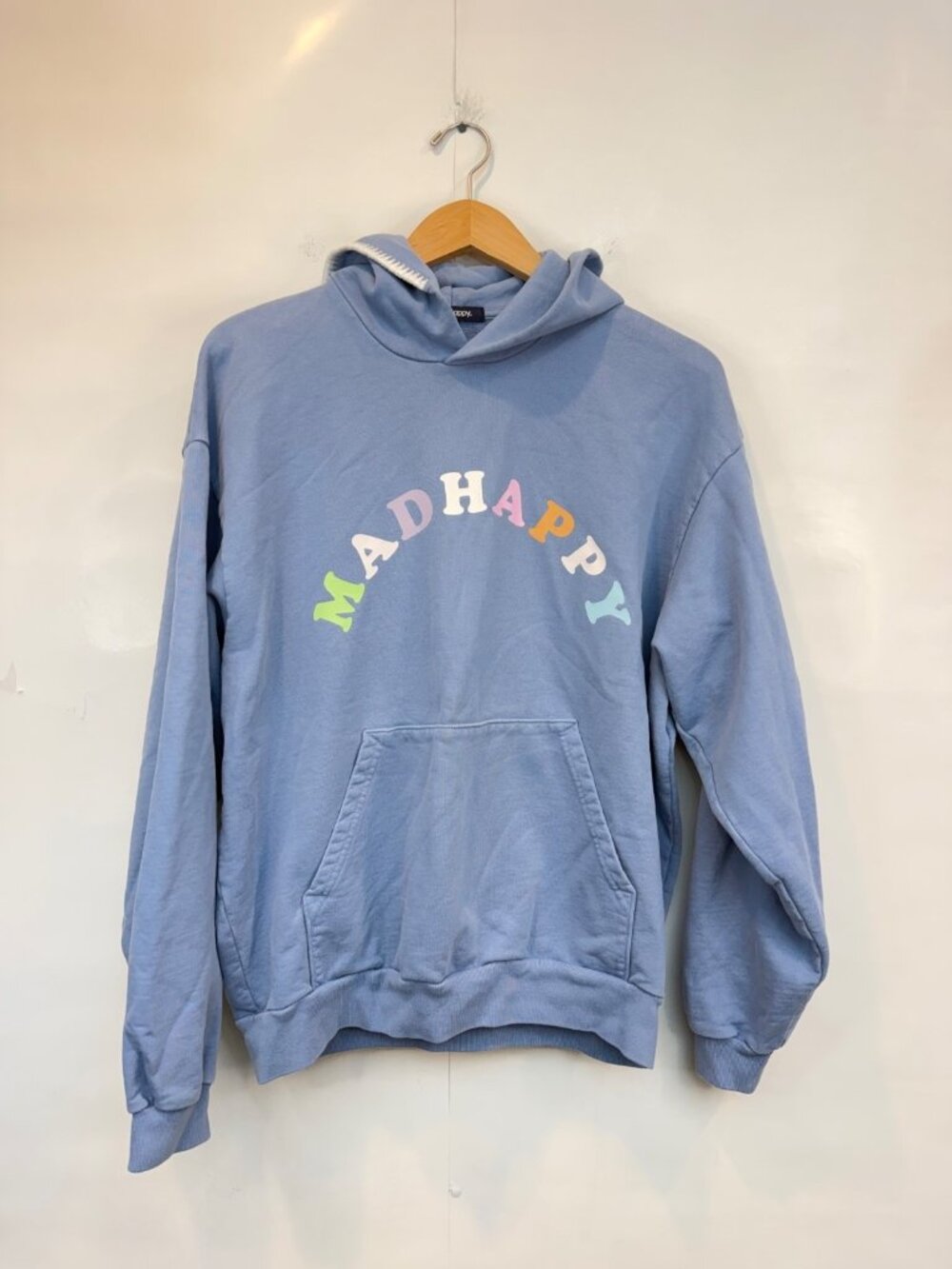 MADHAPPY Light Blue Graphic Print Logo Hoodie Size Medium Pullover Cotton